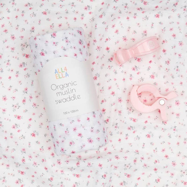 All 4 Ella Organic Swaddle & 2 Pram Peg Gift Set- Pink Petals