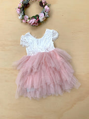 A Little Lacey Felicity Capped Sleeve White and Pink Girls Dress