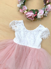 A Little Lacey Felicity Capped Sleeve White and Pink Girls Dress