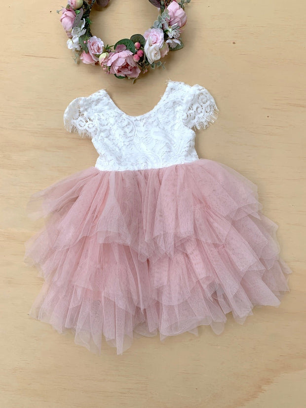 A Little Lacey Felicity Capped Sleeve White and Pink Girls Dress