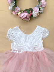 A Little Lacey Felicity Capped Sleeve White and Pink Girls Dress
