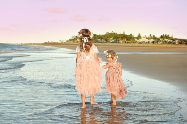 A Little Lacey Felicity Capped Sleeve White and Pink Girls Dress