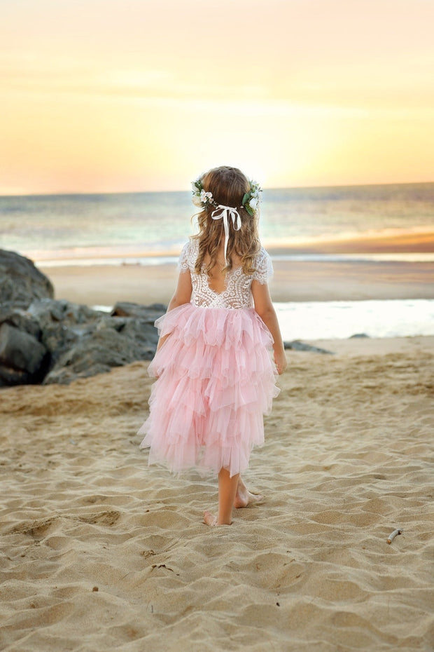 A Little Lacey Felicity Capped Sleeve White and Pink Girls Dress