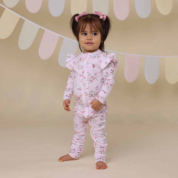 Alice’s Tea Party Organic Snugglesuit Convertible Romper with Frill