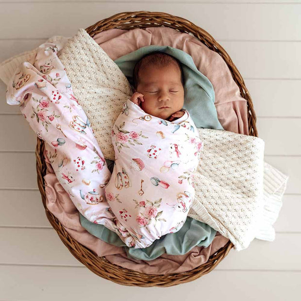 Snuggle Hunny Alice’s Tea Party Organic Jersey Wrap & Topknot Set