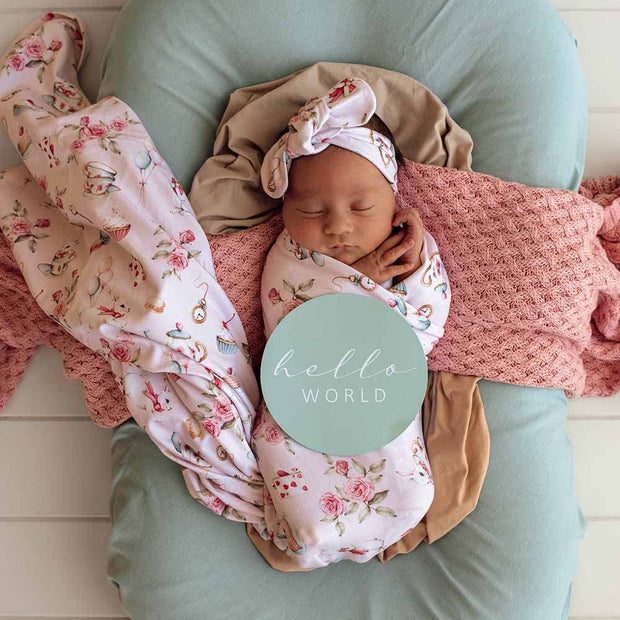 Snuggle Hunny Alice’s Tea Party Organic Jersey Wrap & Topknot Set