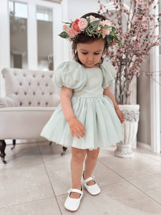 A Little Lacey Lucy Puff Sleeve Sage Green Baby Romper