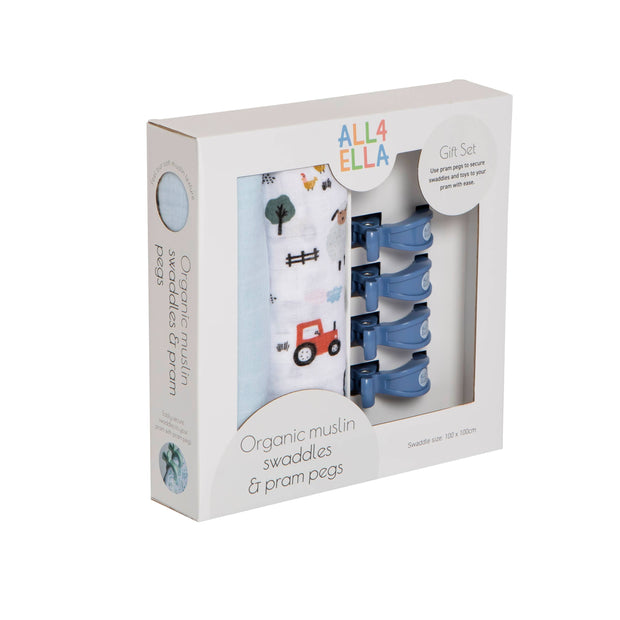 All 4 Ella Organic Swaddles & 4 pegs Gift Set - Barnyard