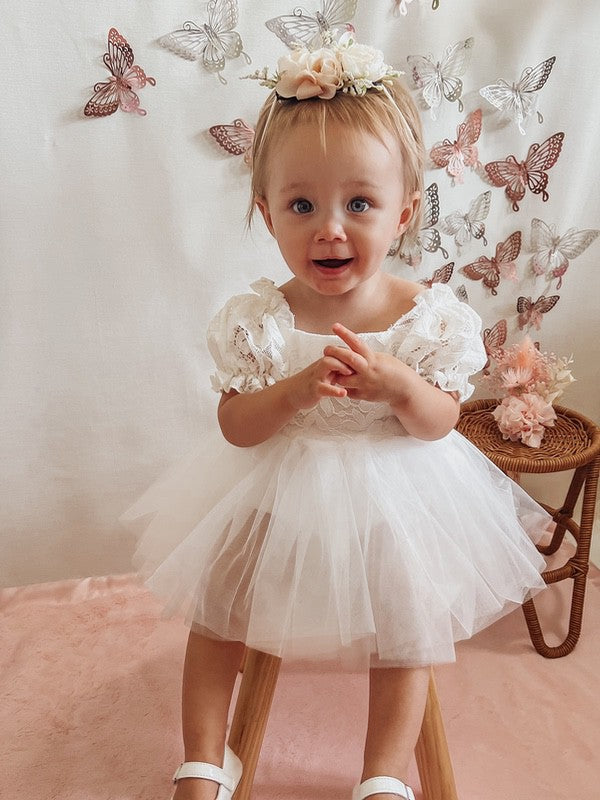 A Little Lacey Callista Puff Sleeve White Baby Dress