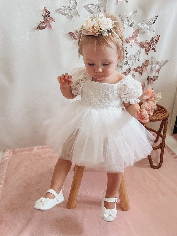 A Little Lacey Callista Puff Sleeve White Baby Dress