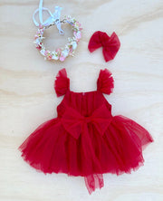 A Little Lacey Chloe Red Flutter Sleeve Romper