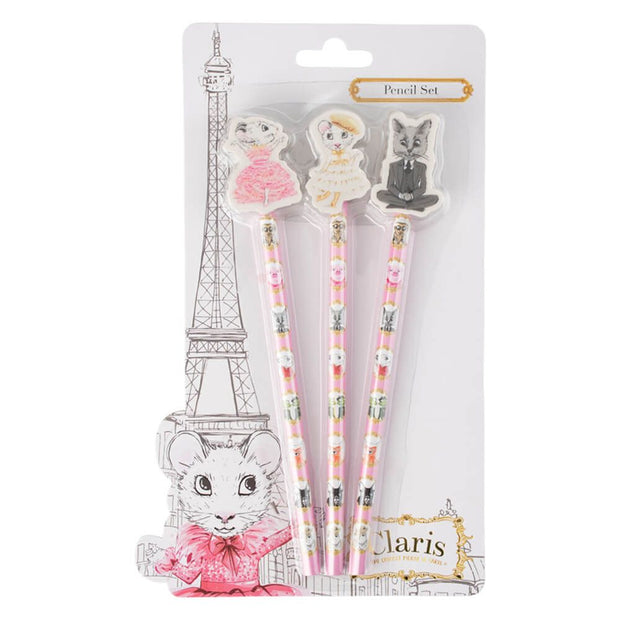 Claris the Chicest Mouse in Paris Pencil Set with Eraser Toppers
