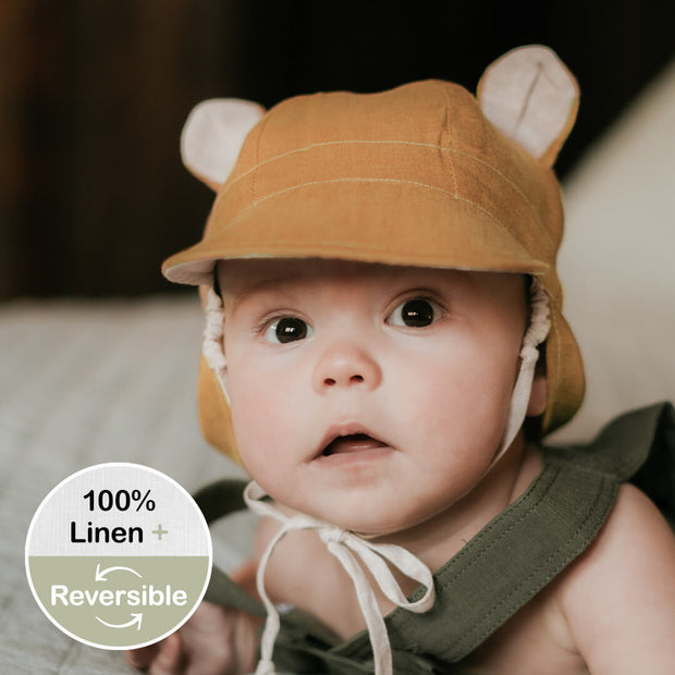Bedhead 'Roamer' Baby Reversible Teddy Flap Sun Hat - Maize/Flax