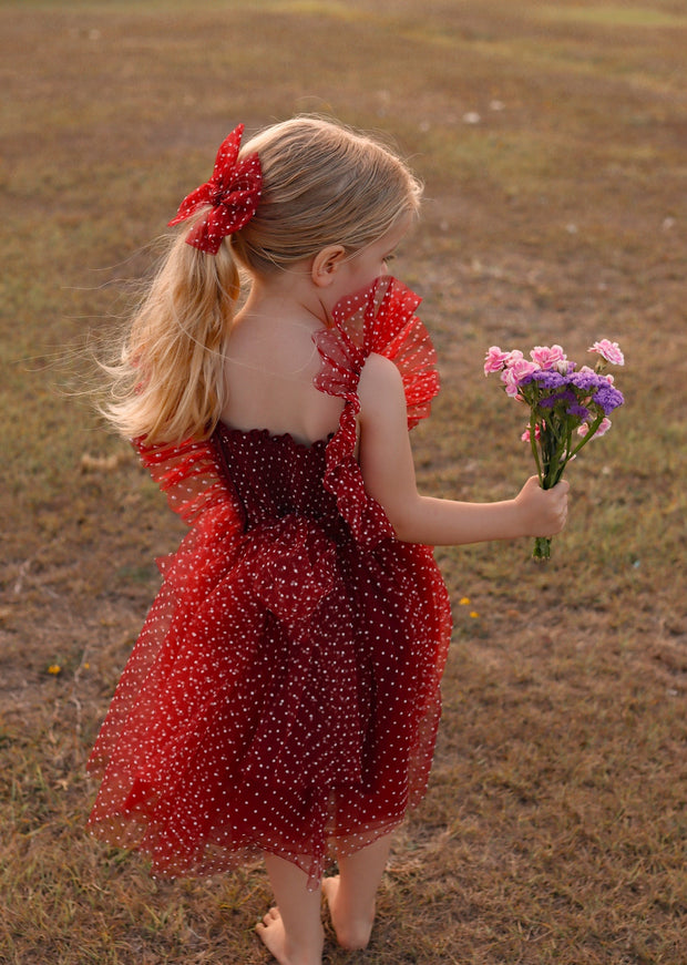 A Little Lacey Lotus Burgundy Dot Tulle Bow