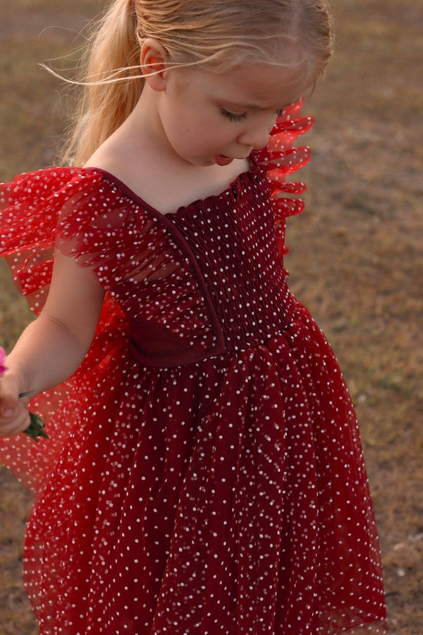 A Little Lacey Lotus Burgundy Dot Ruffle Romper