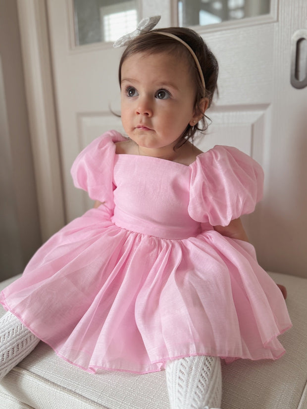 A Little Lacey Lucy Puff Sleeve Candy Pink Baby Romper