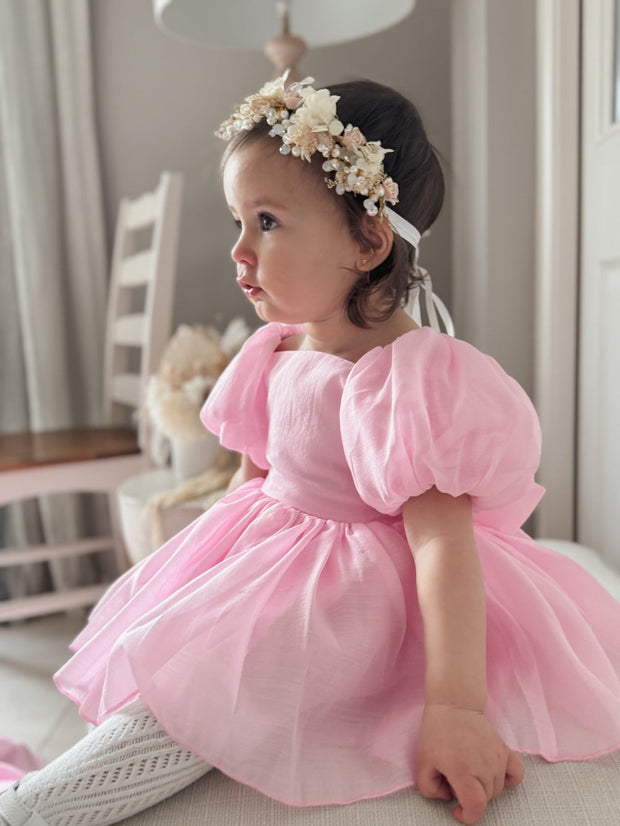 A Little Lacey Lucy Puff Sleeve Candy Pink Baby Romper