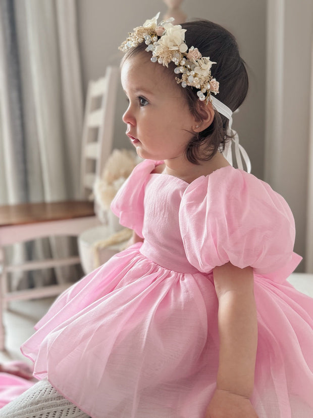 A Little Lacey Lucy Puff Sleeve Candy Pink Baby Romper