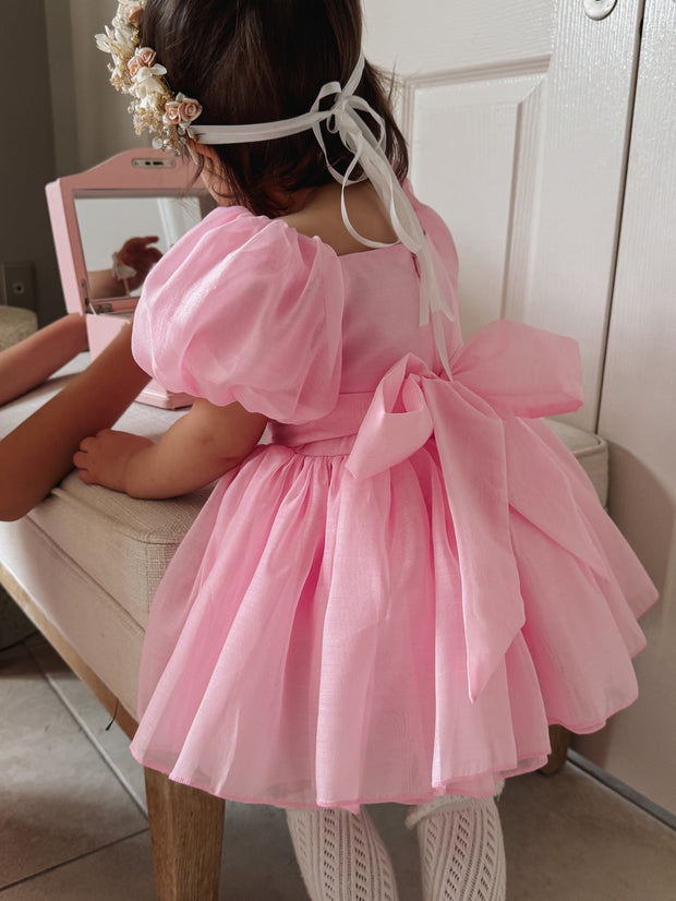 A Little Lacey Lucy Puff Sleeve Candy Pink Baby Romper