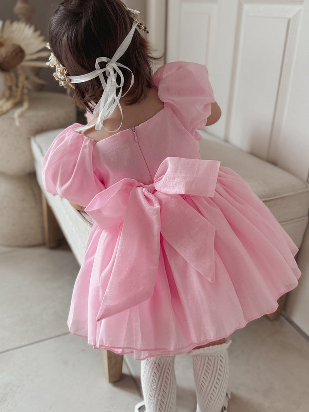 A Little Lacey Lucy Puff Sleeve Candy Pink Baby Romper