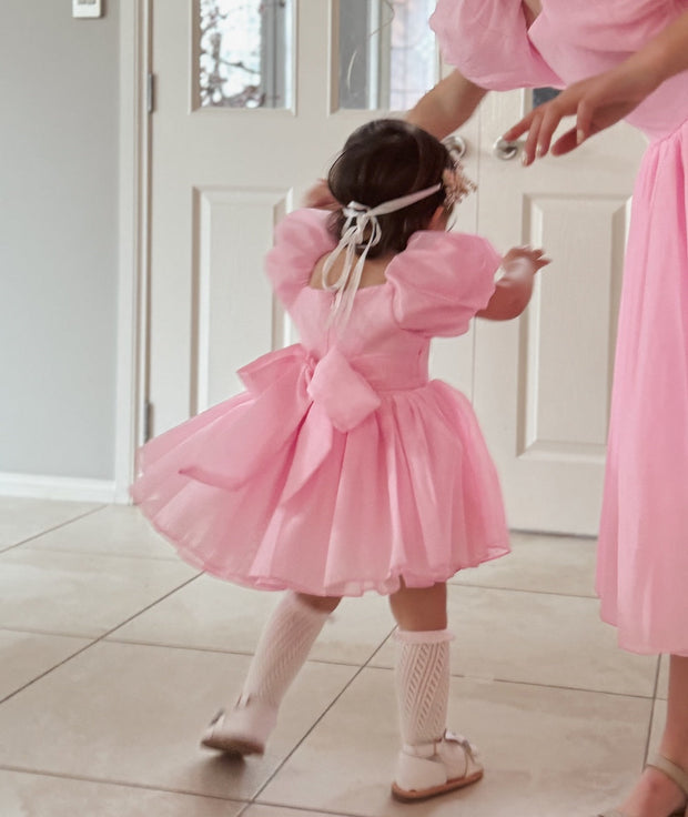 A Little Lacey Lucy Puff Sleeve Candy Pink Baby Romper