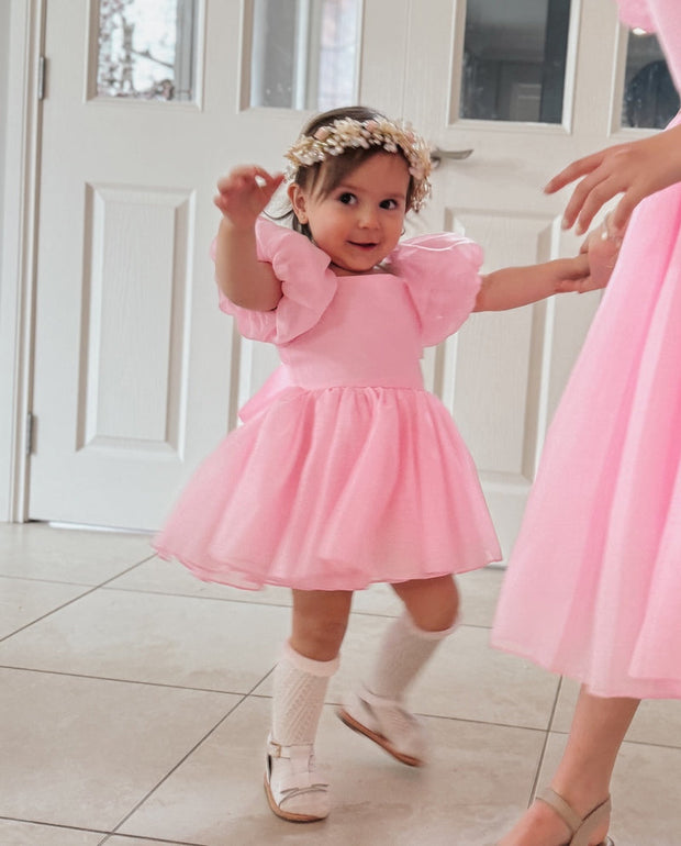 A Little Lacey Lucy Puff Sleeve Candy Pink Baby Romper