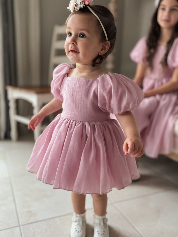 A Little Lacey Lucy Puff Sleeve Dusty Pink Baby Romper