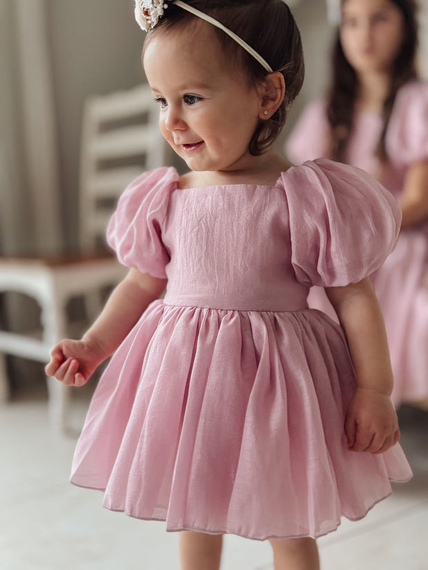 A Little Lacey Lucy Puff Sleeve Dusty Pink Baby Romper