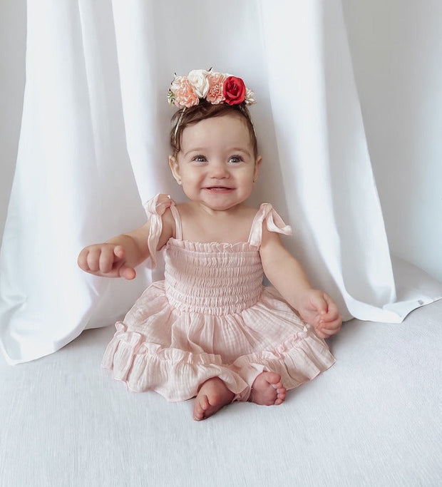 A Little Lacey Maya Peach Muslin Baby Romper