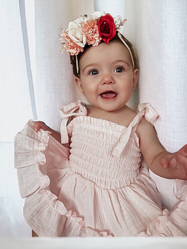 A Little Lacey Maya Peach Muslin Baby Romper