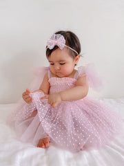 A Little Lacey Poppy Pink Swiss Dot Romper