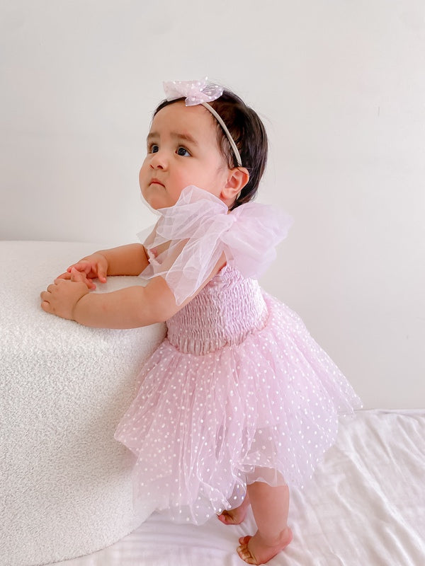 A Little Lacey Poppy Pink Swiss Dot Romper