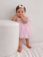 A Little Lacey Poppy Pink Swiss Dot Romper