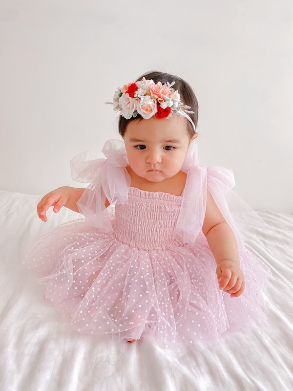 A Little Lacey Poppy Pink Swiss Dot Romper