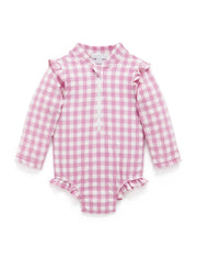 Purebaby Printed Frilly L/S Swimsuit - Fig Gingham