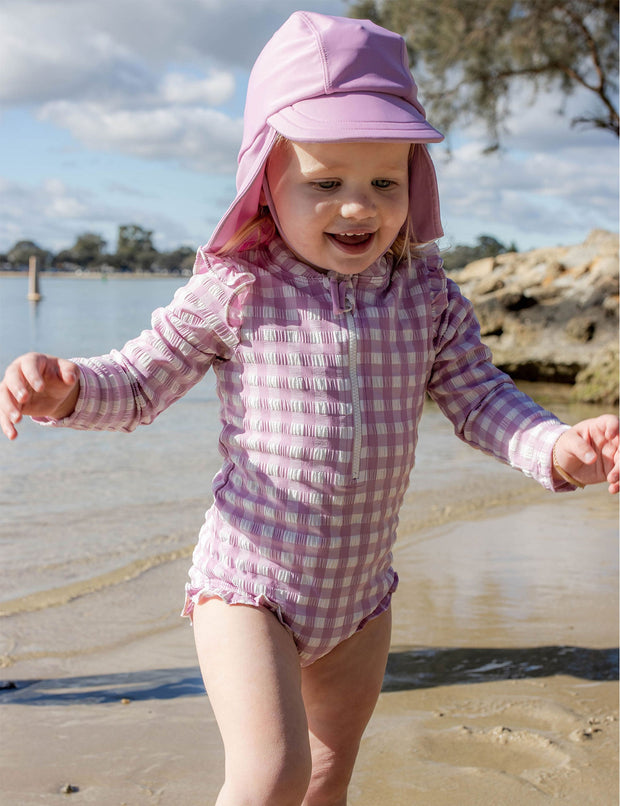 Purebaby Printed Frilly L/S Swimsuit - Fig Gingham