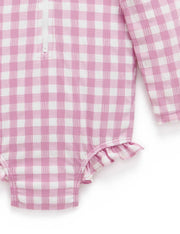 Purebaby Printed Frilly L/S Swimsuit - Fig Gingham