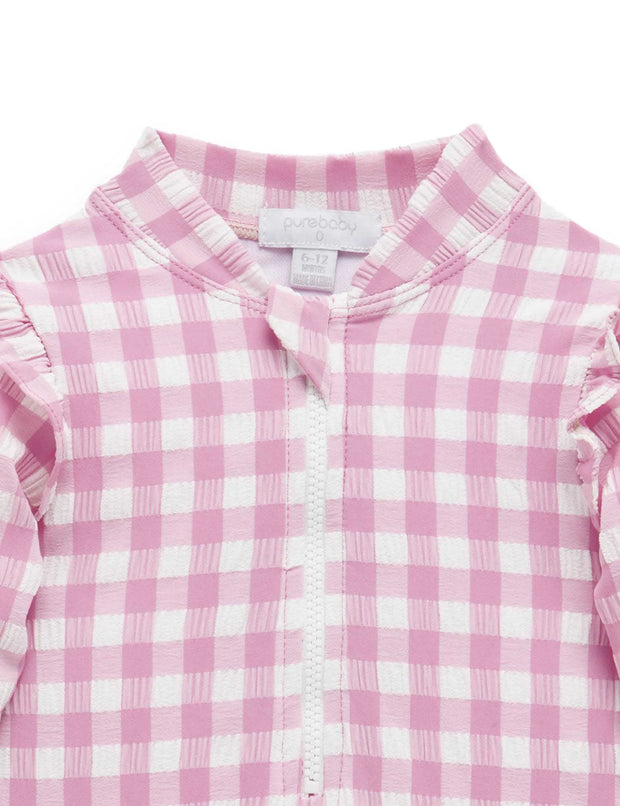 Purebaby Printed Frilly L/S Swimsuit - Fig Gingham