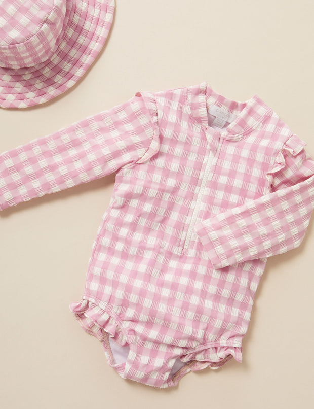 Purebaby Printed Frilly L/S Swimsuit - Fig Gingham