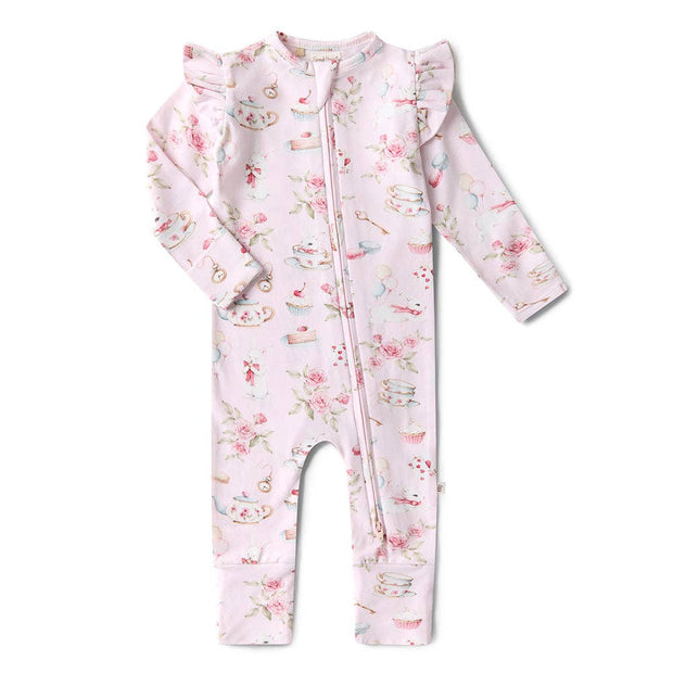 Alice’s Tea Party Organic Snugglesuit Convertible Romper with Frill