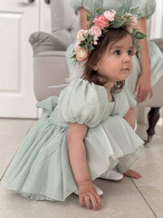 A Little Lacey Lucy Puff Sleeve Sage Green Baby Romper