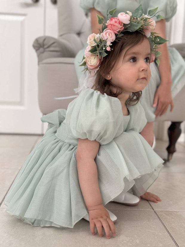 A Little Lacey Lucy Puff Sleeve Sage Green Baby Romper