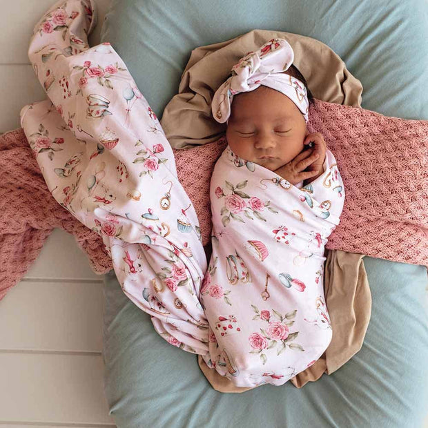 Snuggle Hunny Alice’s Tea Party Organic Jersey Wrap & Topknot Set