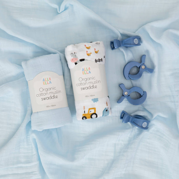 All 4 Ella Organic Swaddles & 4 pegs Gift Set - Barnyard