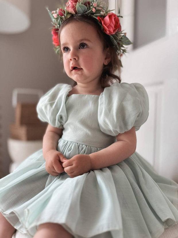 A Little Lacey Lucy Puff Sleeve Sage Green Baby Romper