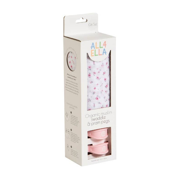 All 4 Ella Organic Swaddle & 2 Pram Peg Gift Set- Pink Petals