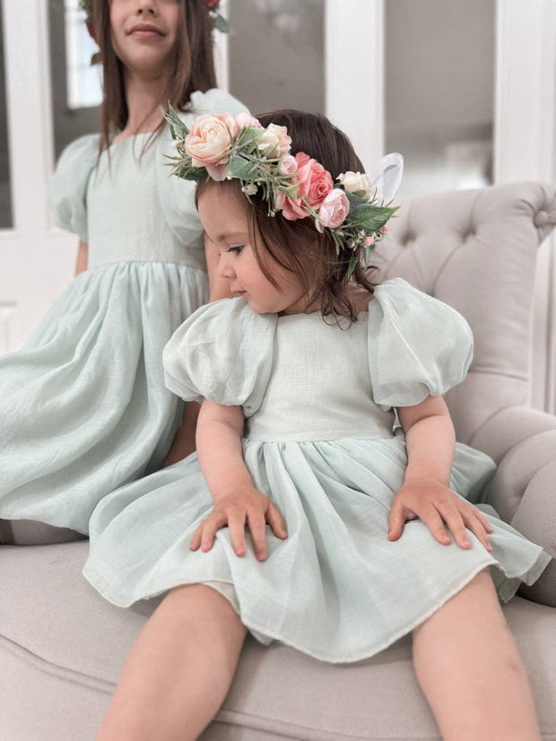 A Little Lacey Lucy Puff Sleeve Sage Green Baby Romper