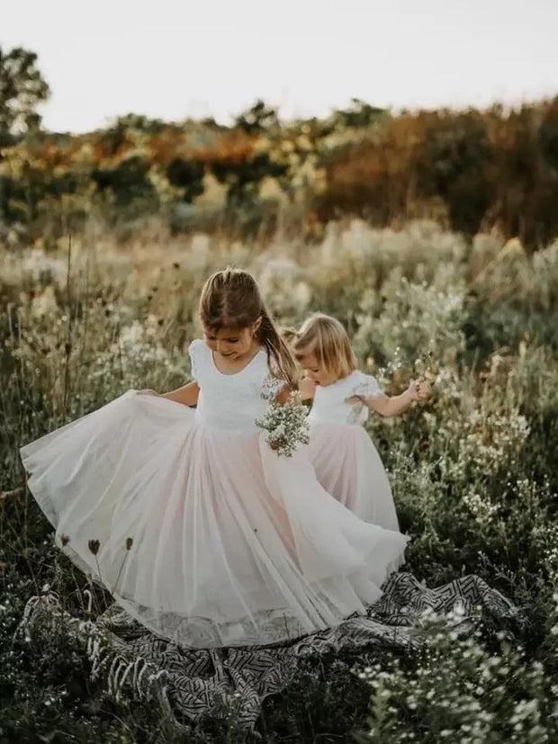 A Little Lacey Celeste Girls Dress - White & Peach