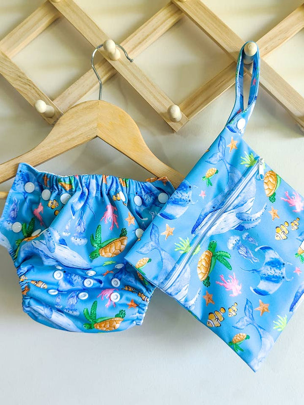 Little E & Co Reusable Swim Nappy & Mini Wet Bag Combo - Ocean