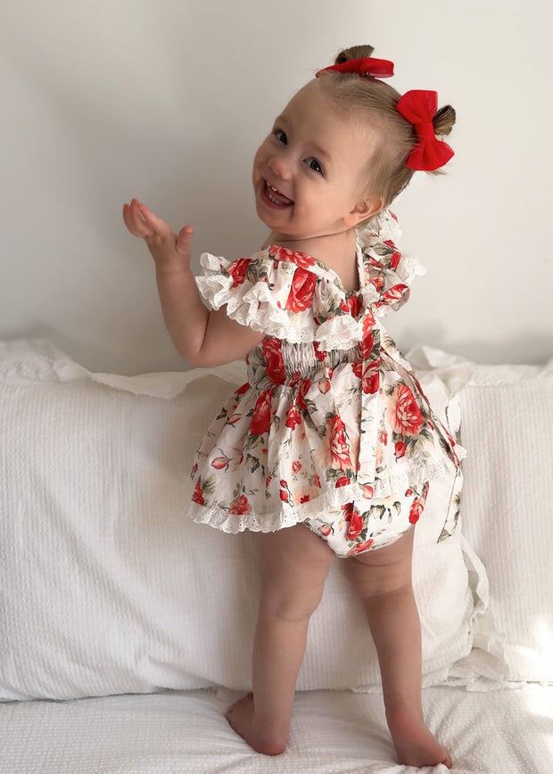 A Little Lacey Olive Baby Girls Floral Christmas Romper
